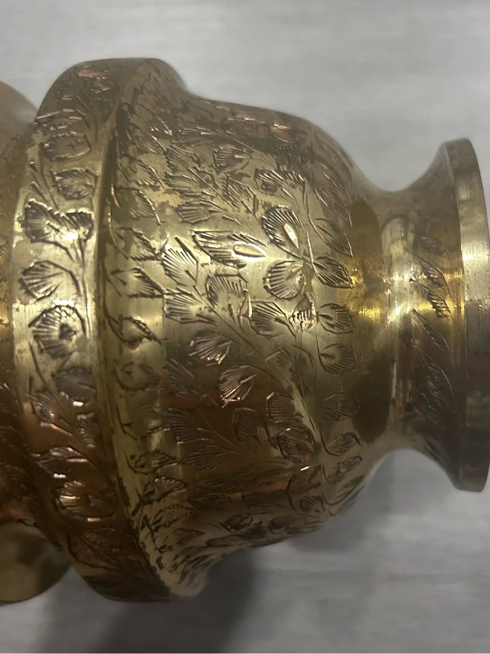 Indian Brass Pedestal Bowl Hand Etched Floral Design Traditional India Decor VTG
